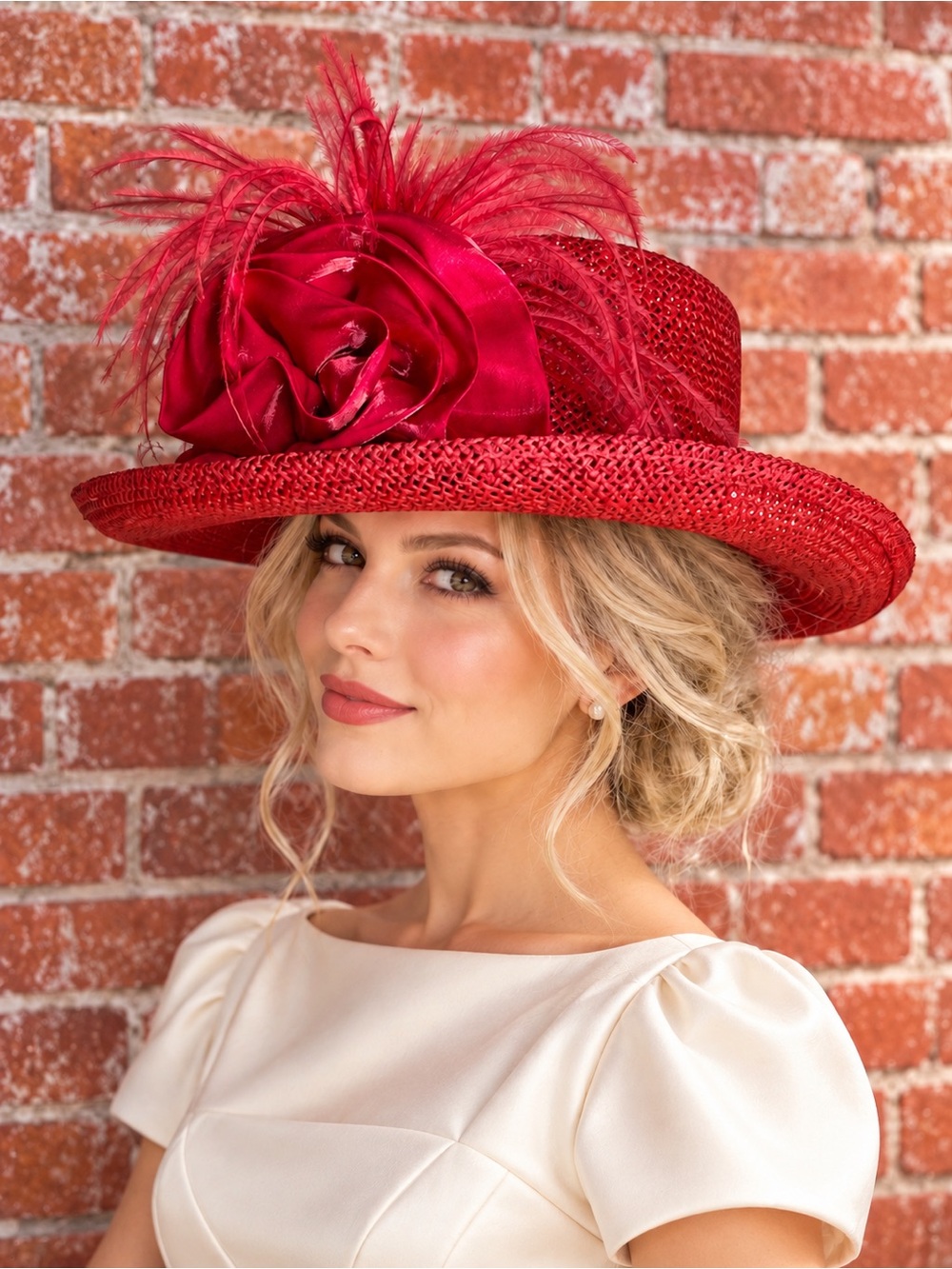 Red Straw Derby Church Hat with Oversized Rosette